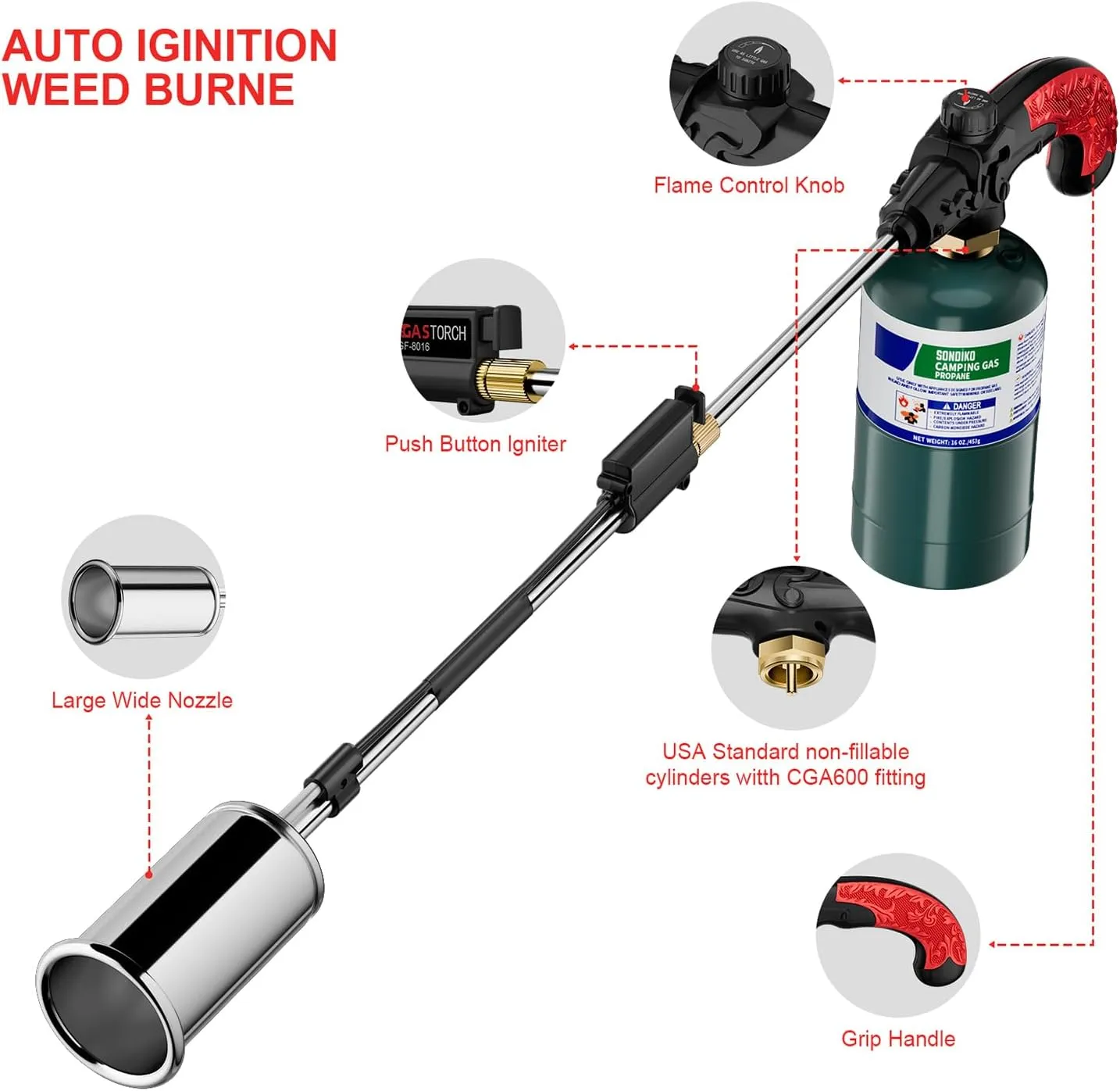 Sondiko Big Flame Propane Torch Head Kit, Weed Torch, Heavy Duty Blow Torch Detachable Propane Weed Torch with High Output 800,000 BTU for Garden Stumps Wood Ice Snow Roofing, Black & Red