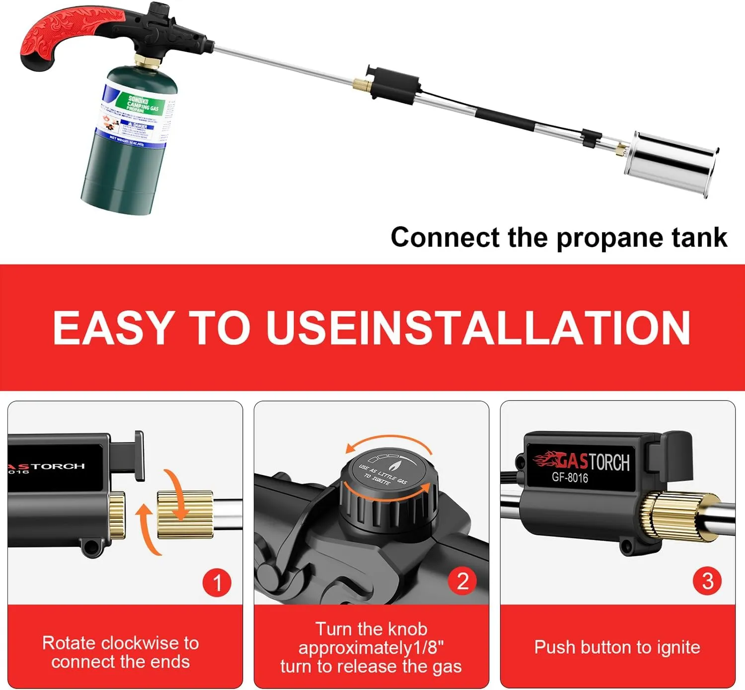 Sondiko Big Flame Propane Torch Head Kit, Weed Torch, Heavy Duty Blow Torch Detachable Propane Weed Torch with High Output 800,000 BTU for Garden Stumps Wood Ice Snow Roofing, Black & Red
