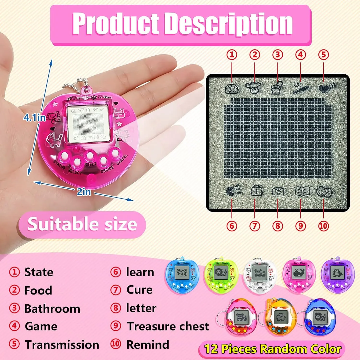 Sosation 12 Pcs Virtual Pets Keychain Egg Fillings for Kids 168 Electronic Digital Pet Easter Retro Handheld Game Machine 90s Toy for Birthday Gift Toddler Party Multicolor(Cute Style)