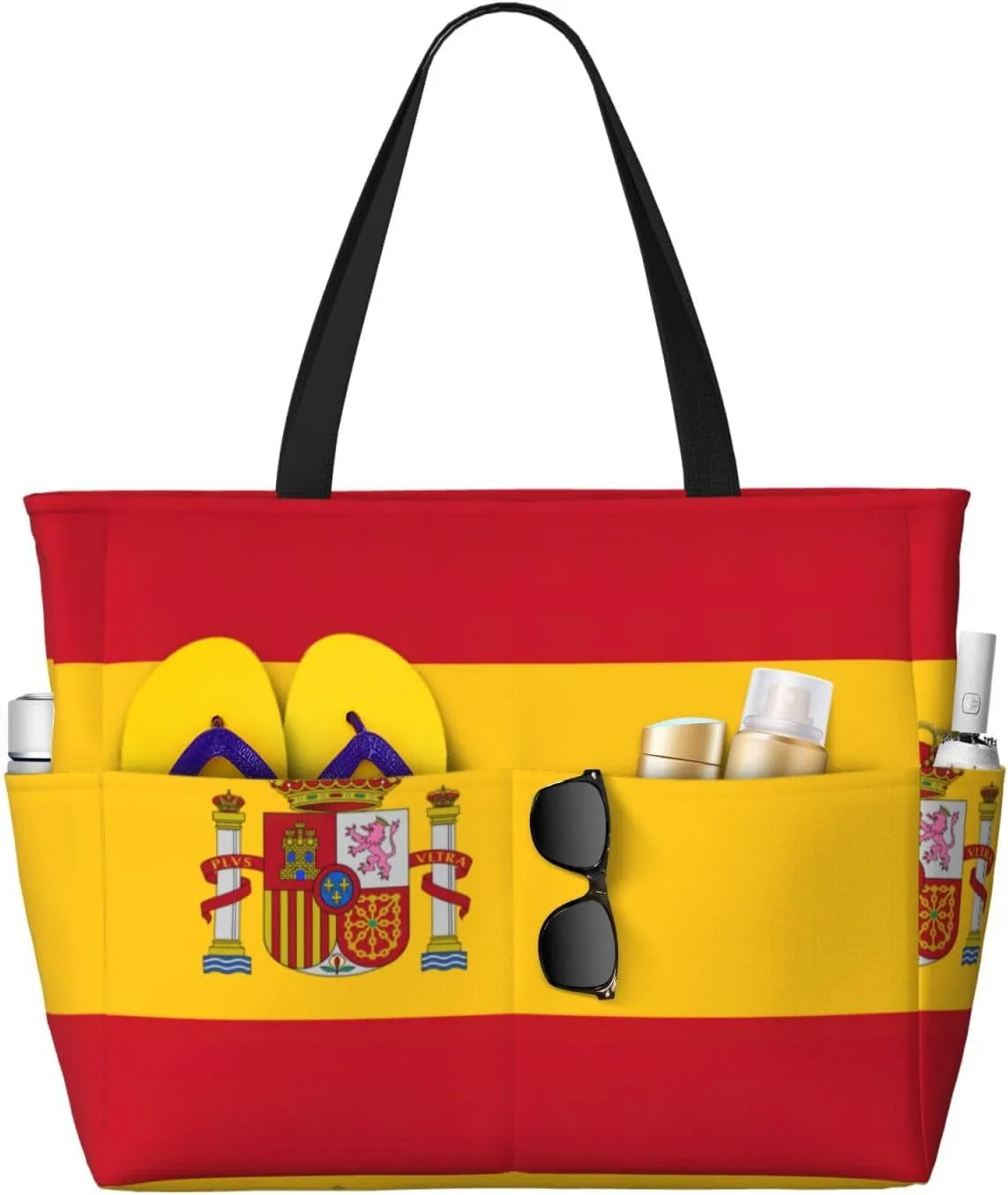 Spanish flag Print Large Capacity Beach Travel Bag with Zipper and Pockets for Camping Travel Gym