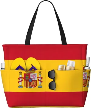 Spanish flag Print Large Capacity Beach Travel Bag with Zipper and Pockets for Camping Travel Gym