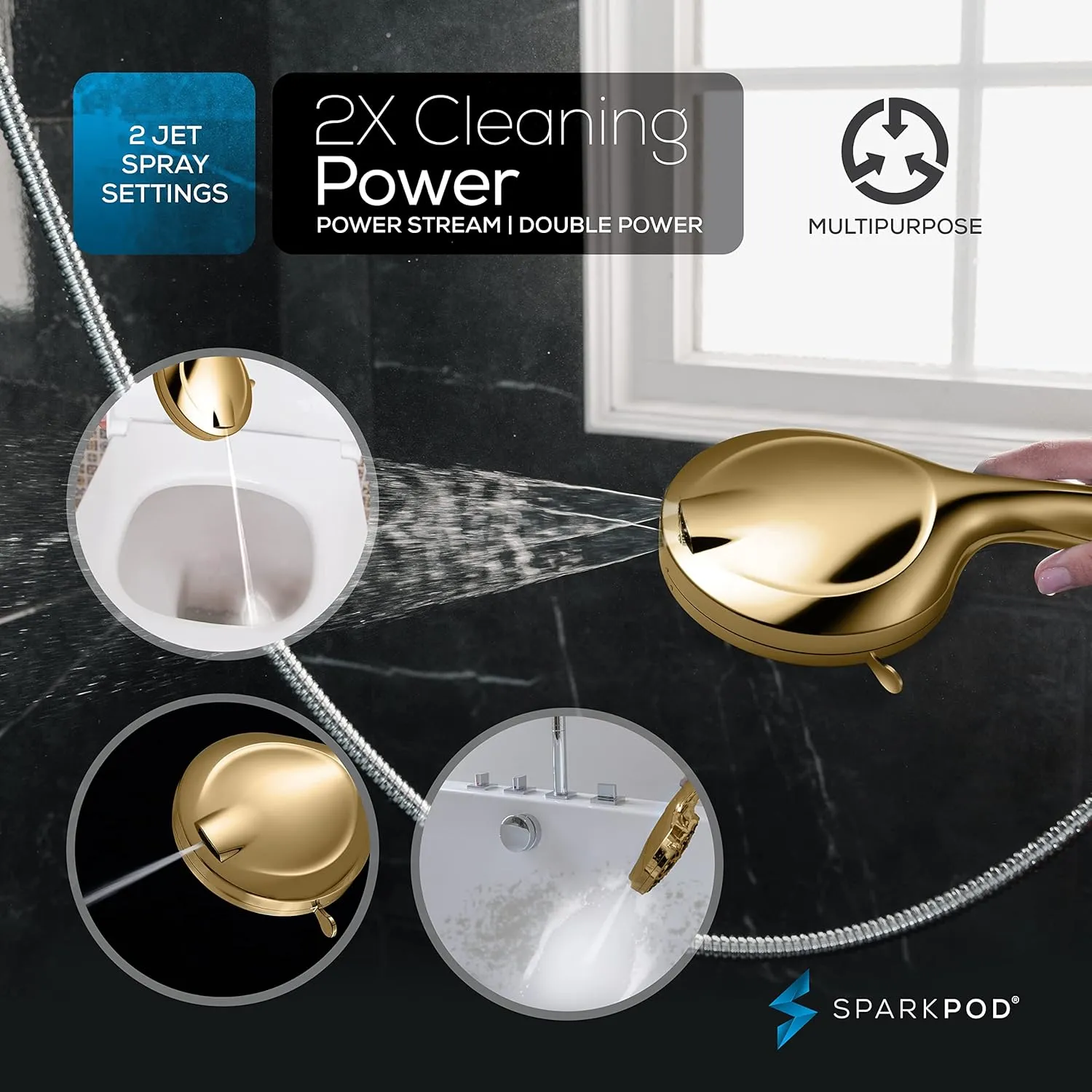 SparkPod 10-Mode Handheld Shower Head with Hose - 5" High Pressure Shower Head Set with Touch-to-Clean Nozzles, Built-In Power Jet, Stainless Steel 6ft Hose & Bracket (Egyptian Gold)