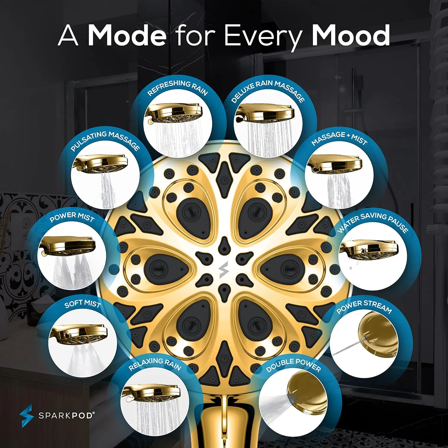 SparkPod 10-Mode Handheld Shower Head with Hose - 5" High Pressure Shower Head Set with Touch-to-Clean Nozzles, Built-In Power Jet, Stainless Steel 6ft Hose & Bracket (Egyptian Gold)