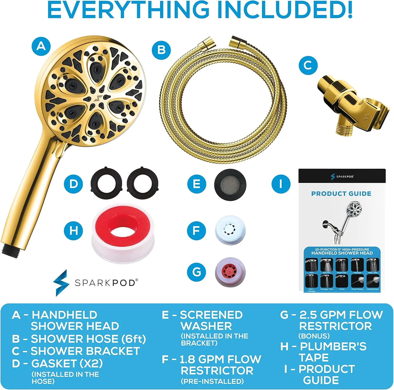 SparkPod 10-Mode Handheld Shower Head with Hose - 5" High Pressure Shower Head Set with Touch-to-Clean Nozzles, Built-In Power Jet, Stainless Steel 6ft Hose & Bracket (Egyptian Gold)