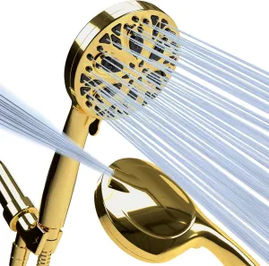 SparkPod 10-Mode Handheld Shower Head with Hose - 5" High Pressure Shower Head Set with Touch-to-Clean Nozzles, Built-In Power Jet, Stainless Steel 6ft Hose & Bracket (Egyptian Gold)