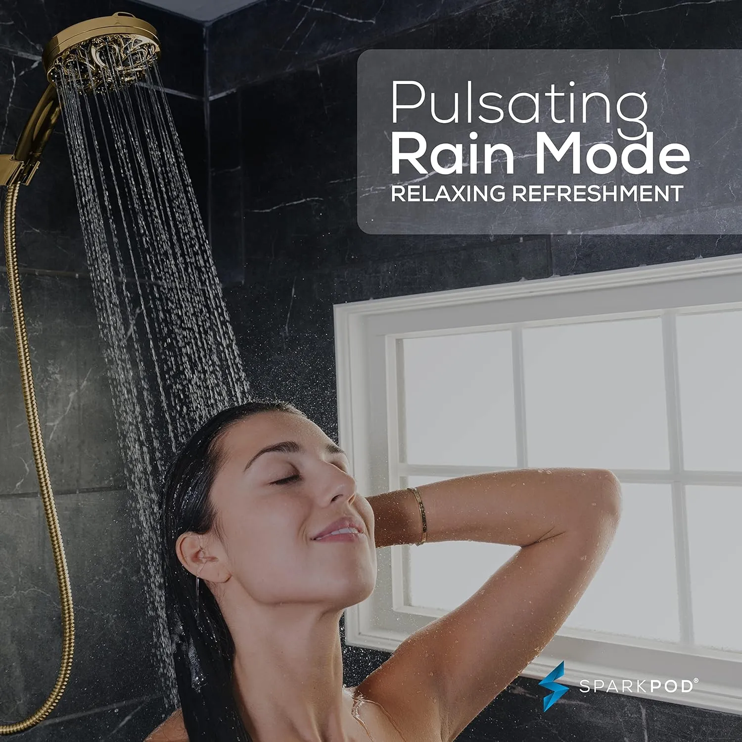 SparkPod 10-Mode Handheld Shower Head with Hose - 5" High Pressure Shower Head Set with Touch-to-Clean Nozzles, Built-In Power Jet, Stainless Steel 6ft Hose & Bracket (Egyptian Gold)