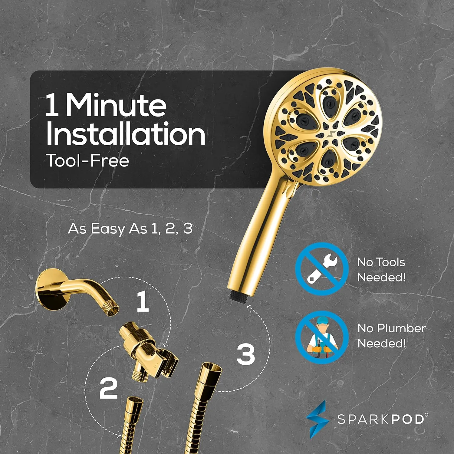 SparkPod 10-Mode Handheld Shower Head with Hose - 5" High Pressure Shower Head Set with Touch-to-Clean Nozzles, Built-In Power Jet, Stainless Steel 6ft Hose & Bracket (Egyptian Gold)