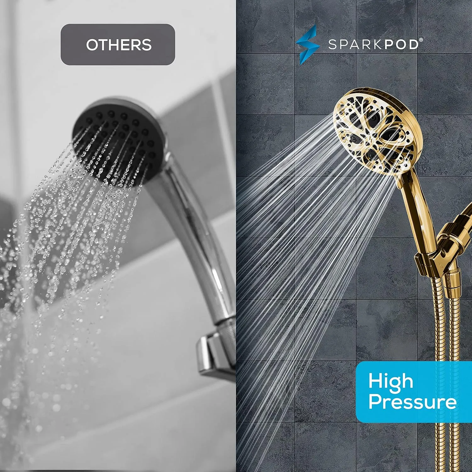 SparkPod 10-Mode Handheld Shower Head with Hose - 5" High Pressure Shower Head Set with Touch-to-Clean Nozzles, Built-In Power Jet, Stainless Steel 6ft Hose & Bracket (Egyptian Gold)