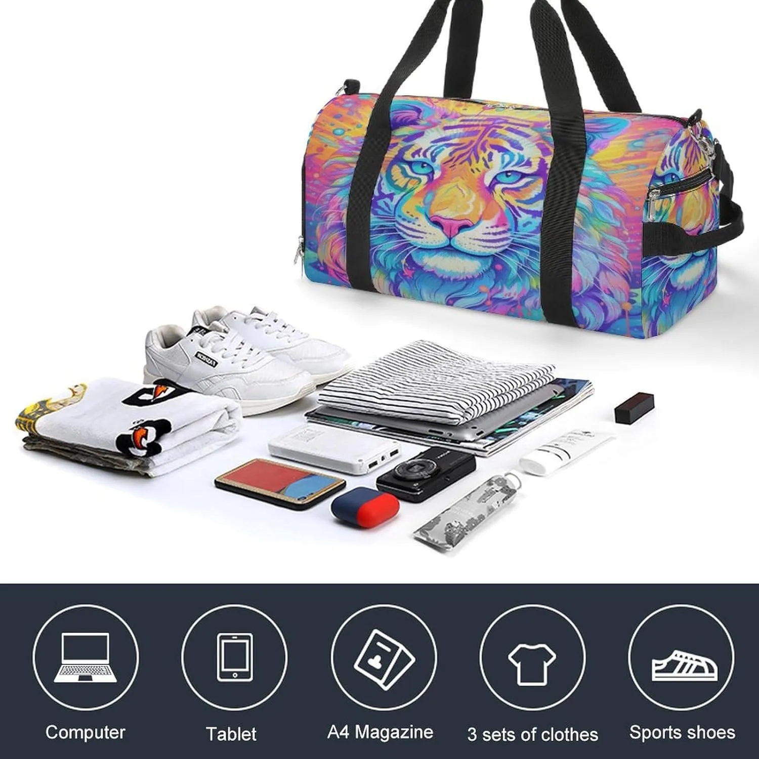 Sport Gym Duffel with Shoe Compartment Wet Pocket, Tigers-with-rainbow Shoulder Travel Bag for Women Men, style-4