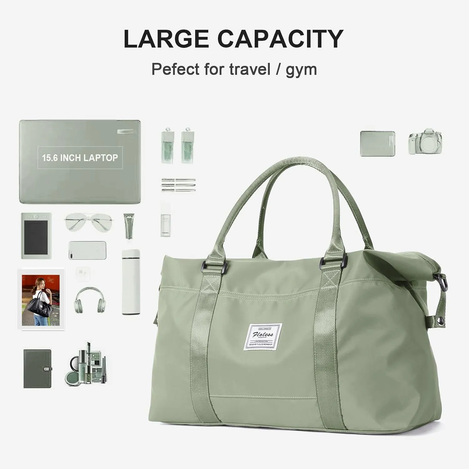 Sport Travel Duffle Bag Large Gym Tote Bag for Women, Weekender Carry on Bags for Airplane, Ladies Beach Overnight Bag Waterproof Luggage Bags with Wet Pocket Light Green