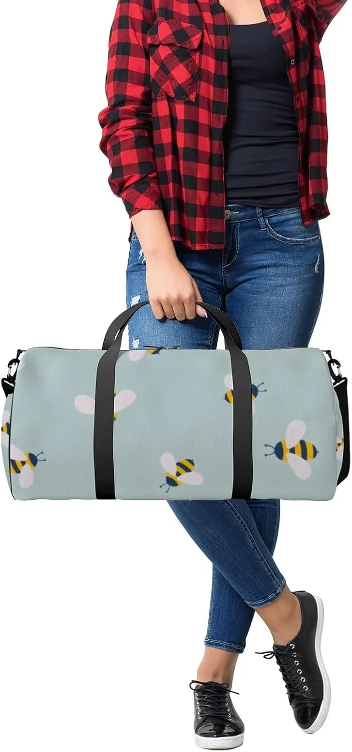 Sports Gym Bag for Women and Men Waterproof Cute Cartoon Bee Pattern Blue Duffel Bag Lightweight Carryon Traveling Boarding Gripsack