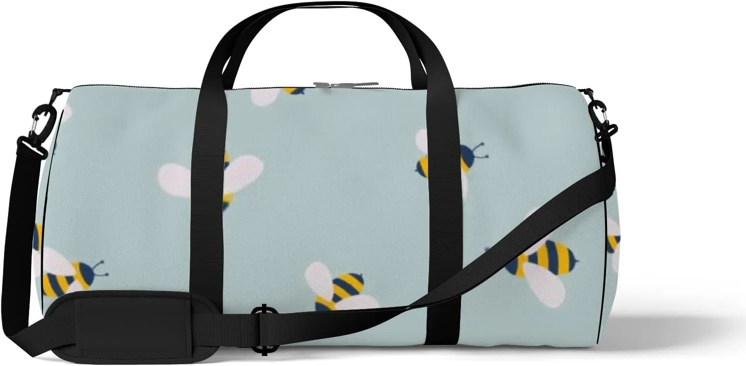 Sports Gym Bag for Women and Men Waterproof Cute Cartoon Bee Pattern Blue Duffel Bag Lightweight Carryon Traveling Boarding Gripsack