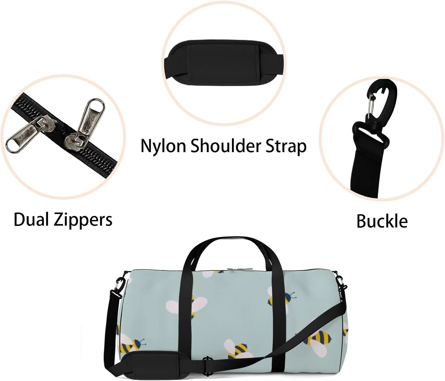 Sports Gym Bag for Women and Men Waterproof Cute Cartoon Bee Pattern Blue Duffel Bag Lightweight Carryon Traveling Boarding Gripsack
