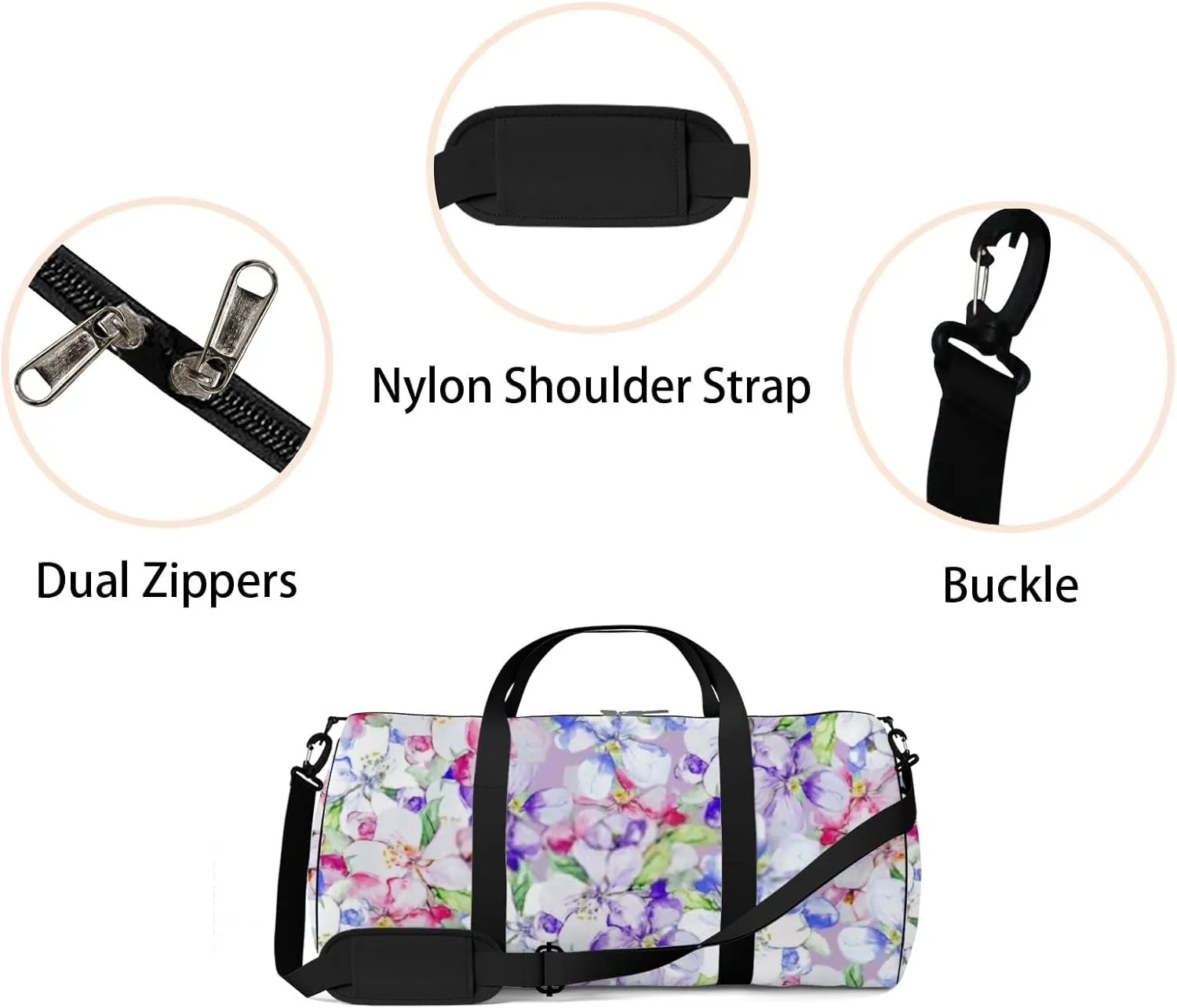 Sports Gym Bag for Women and Men Waterproof Lilac Pastel Flowers watercolor illustration pattern Duffel Bag Lightweight Carryon Traveling Boarding Gripsack