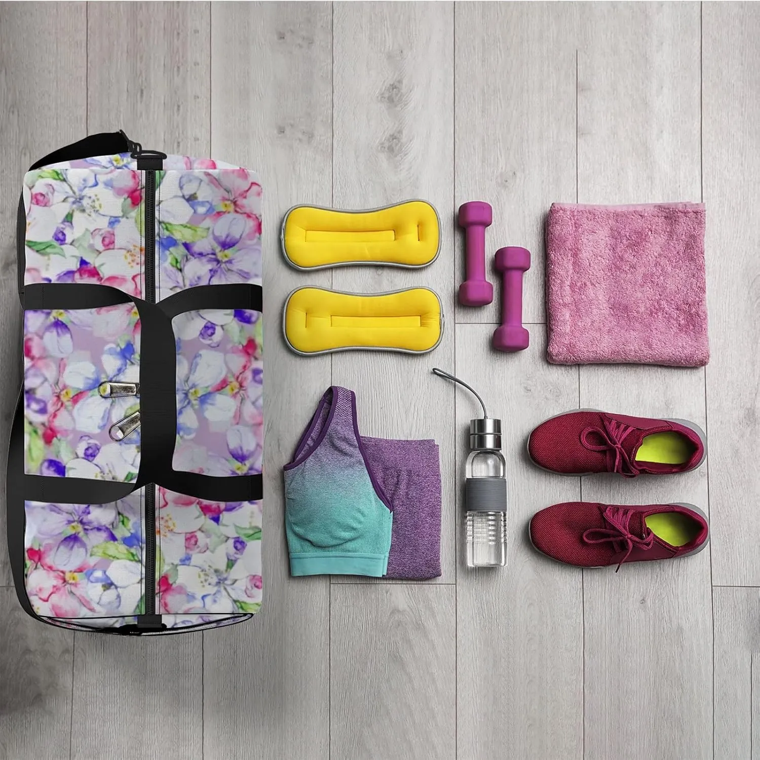 Sports Gym Bag for Women and Men Waterproof Lilac Pastel Flowers watercolor illustration pattern Duffel Bag Lightweight Carryon Traveling Boarding Gripsack
