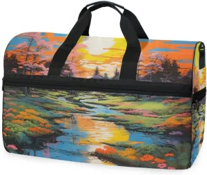 Spring Sunrise Painting Travel Duffel Bag Luggage Sports Gym Bags With Shoes Compartment Large Capacity Lightweight Duffle Bag For Men Women