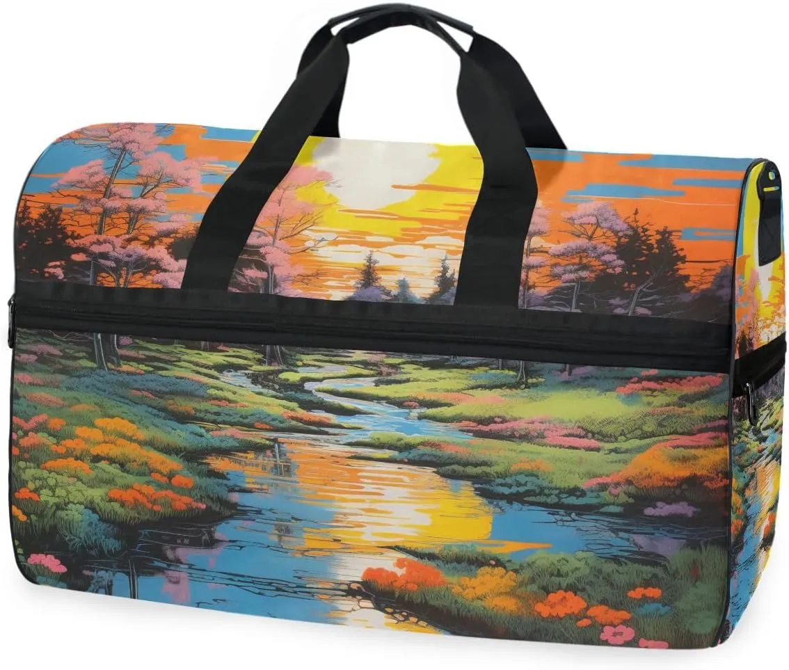 Spring Sunrise Painting Travel Duffel Bag Luggage Sports Gym Bags With Shoes Compartment Large Capacity Lightweight Duffle Bag For Men Women