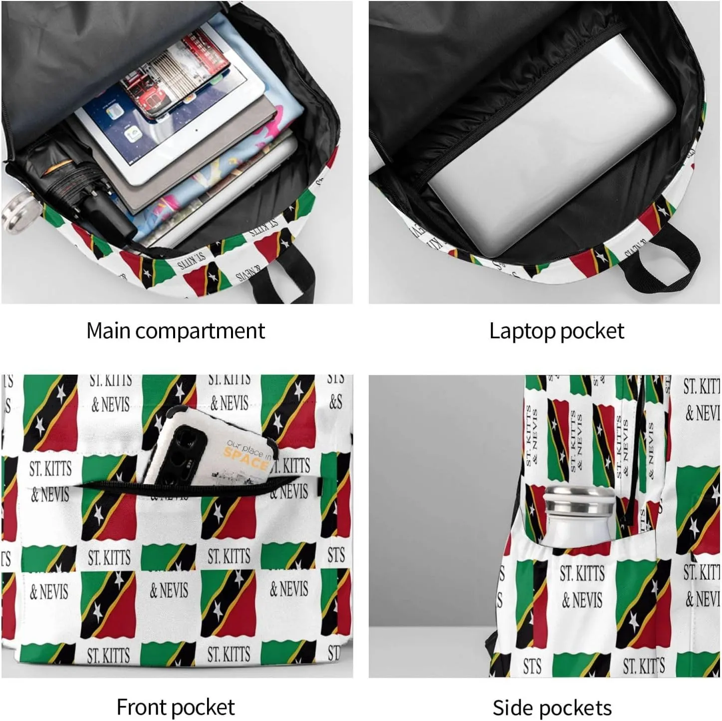 St Kitts Nevis flag Casual Backpack Large Capacity Travel Backpacks Laptop Daypack Commuter Rucksack Adjustable Strap Sports Bags for Hiking Biking