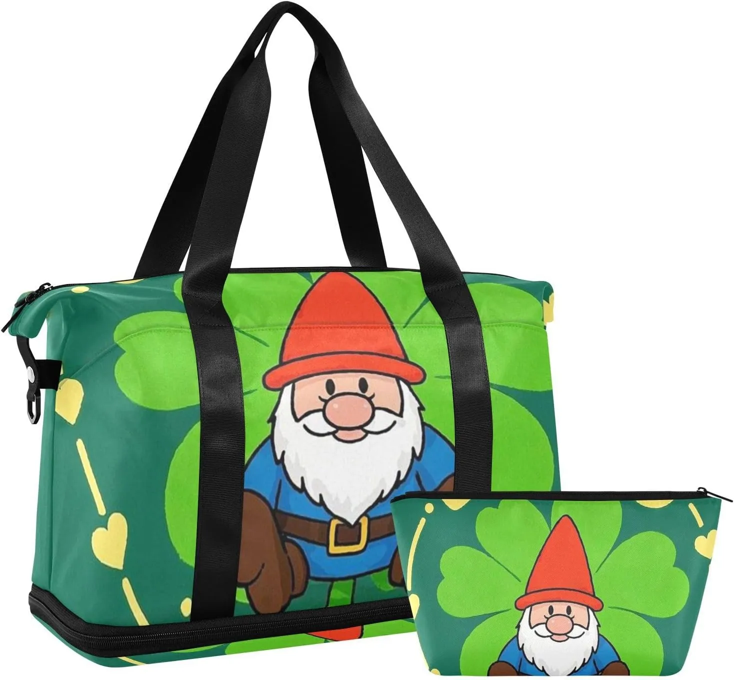 St. Patrick's Day Cartoon Cutie Dwarf Luggage Travel Bag Travel Overnight Carry on Bag with Adjustable Strap for Trekking 2 Pcs Set