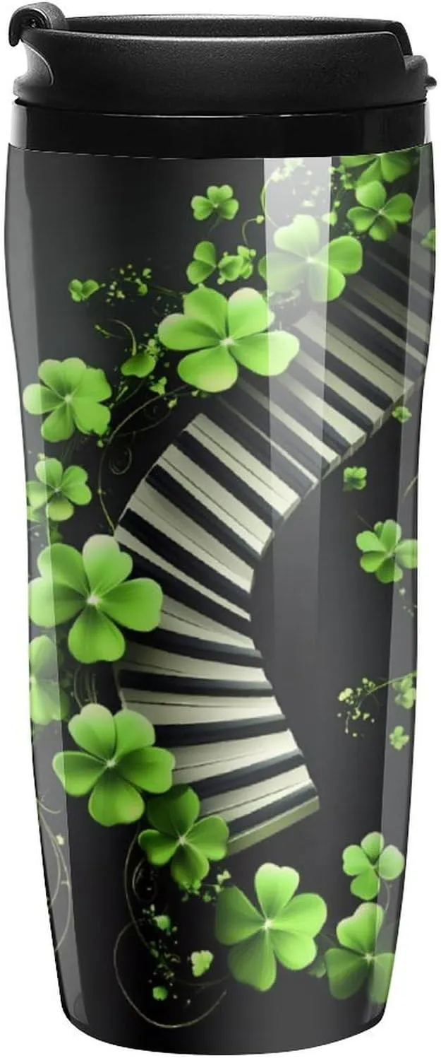 St. Patrick's Green Leaves Piano Coffee Mug with Lid Portable Tumbler Water Bottle for Travel Business 350ml