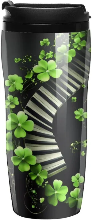 St. Patrick's Green Leaves Piano Coffee Mug with Lid Portable Tumbler Water Bottle for Travel Business 350ml
