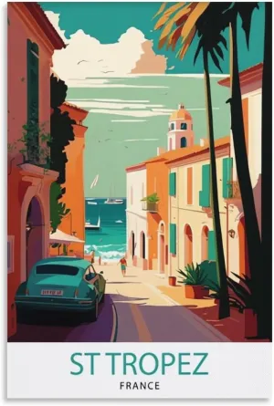 St Tropez France Vintage Travel Posters Landscape Wall Art Picture Print Canvas Art Poster Modern Family Bedroom Decor Posters 20x30inch(50x75cm)