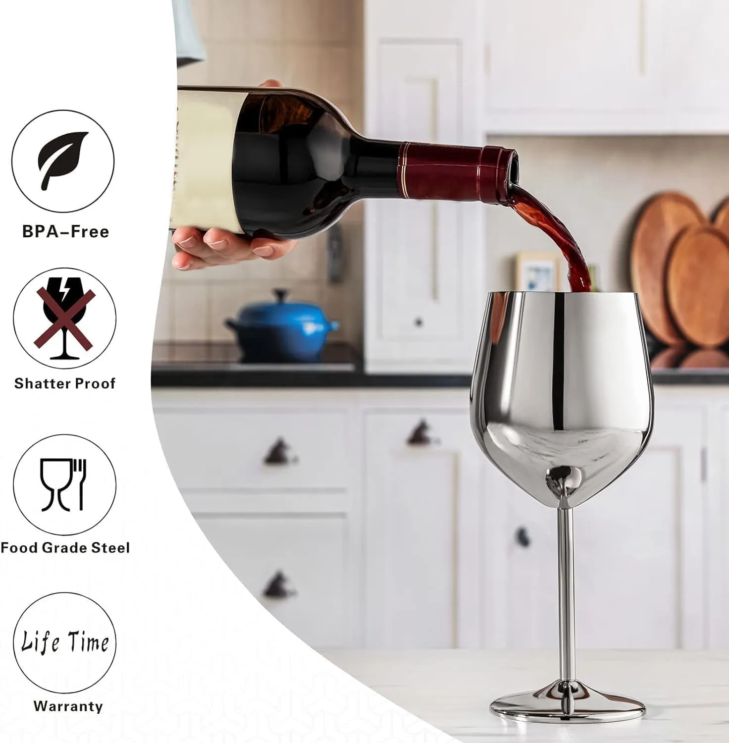 Stainless Steel Wine Glasses Set of 4, 18oz Unbreakable Metal Wine Glass, Fancy, Unique Wine Goblets for Outdoor, Travel, Camping and Pool, Ideal Gift for Wine Lovers (Silver)