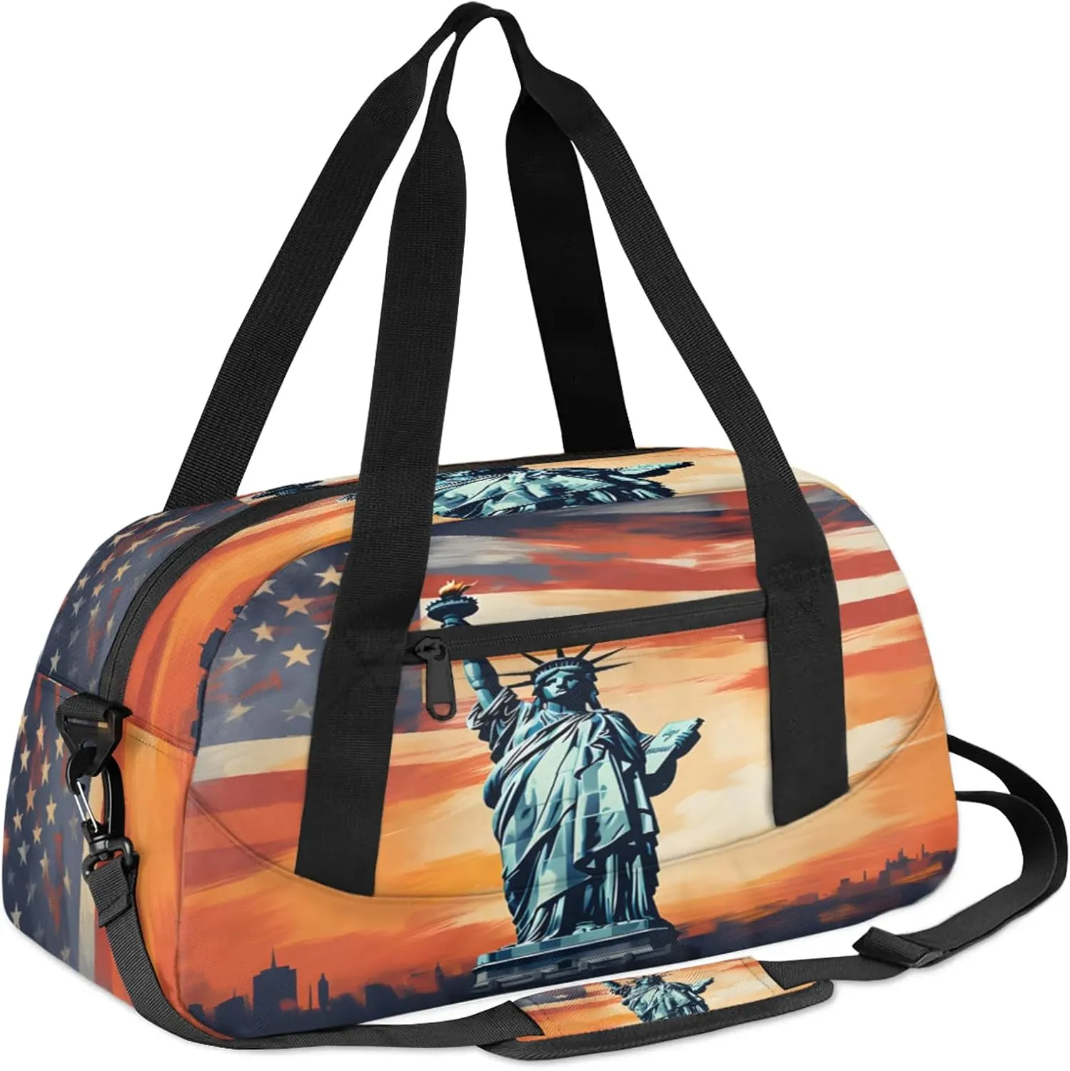 Statue Of Liberty Flag Usa Kids Duffel Bag Lightweight Waterproof Sports Gym Bag with Front Zipper Pocket Foldable Weekender Overnight Bag for School Practice Gymnastic Ballet