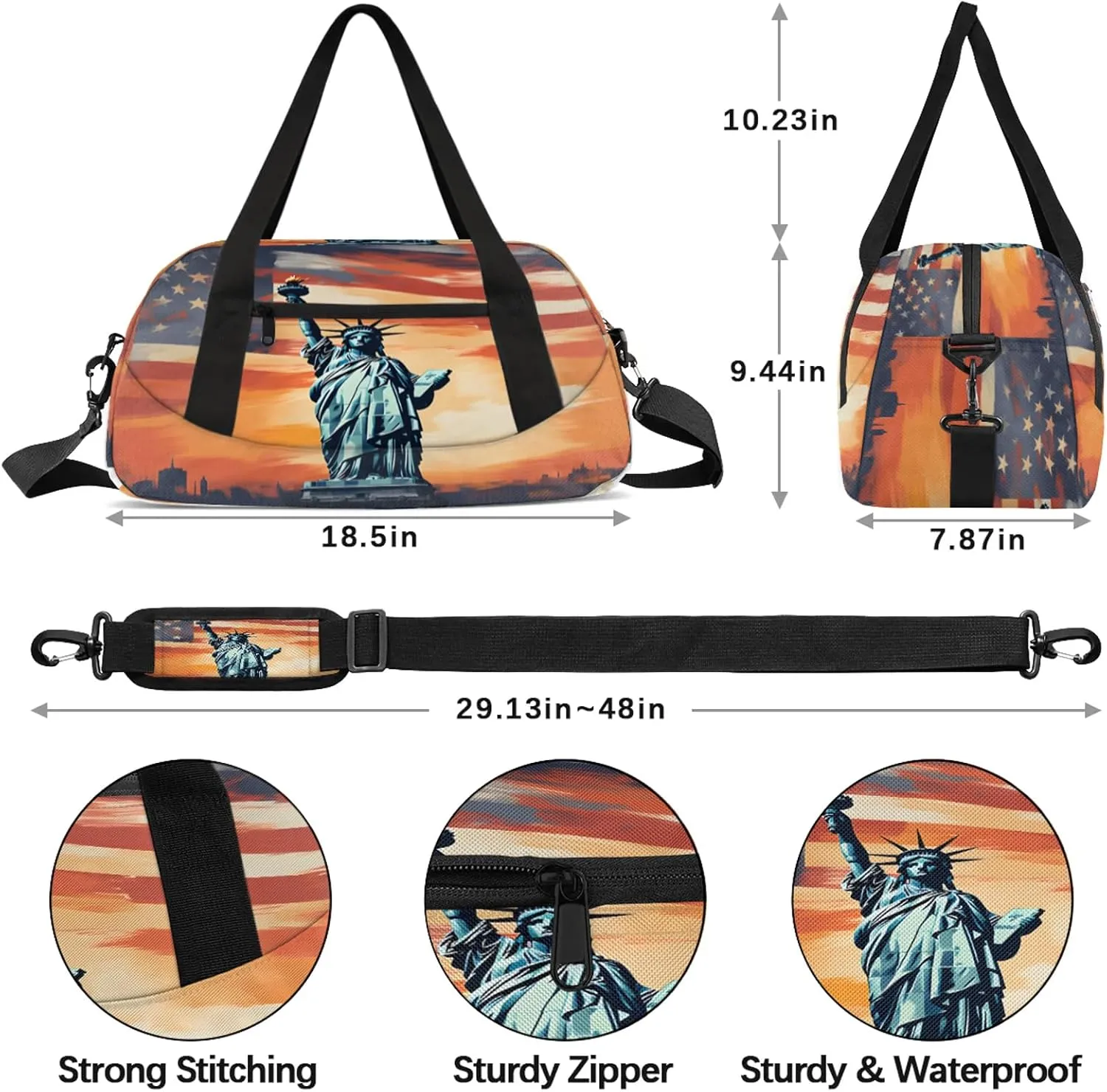 Statue Of Liberty Flag Usa Kids Duffel Bag Lightweight Waterproof Sports Gym Bag with Front Zipper Pocket Foldable Weekender Overnight Bag for School Practice Gymnastic Ballet