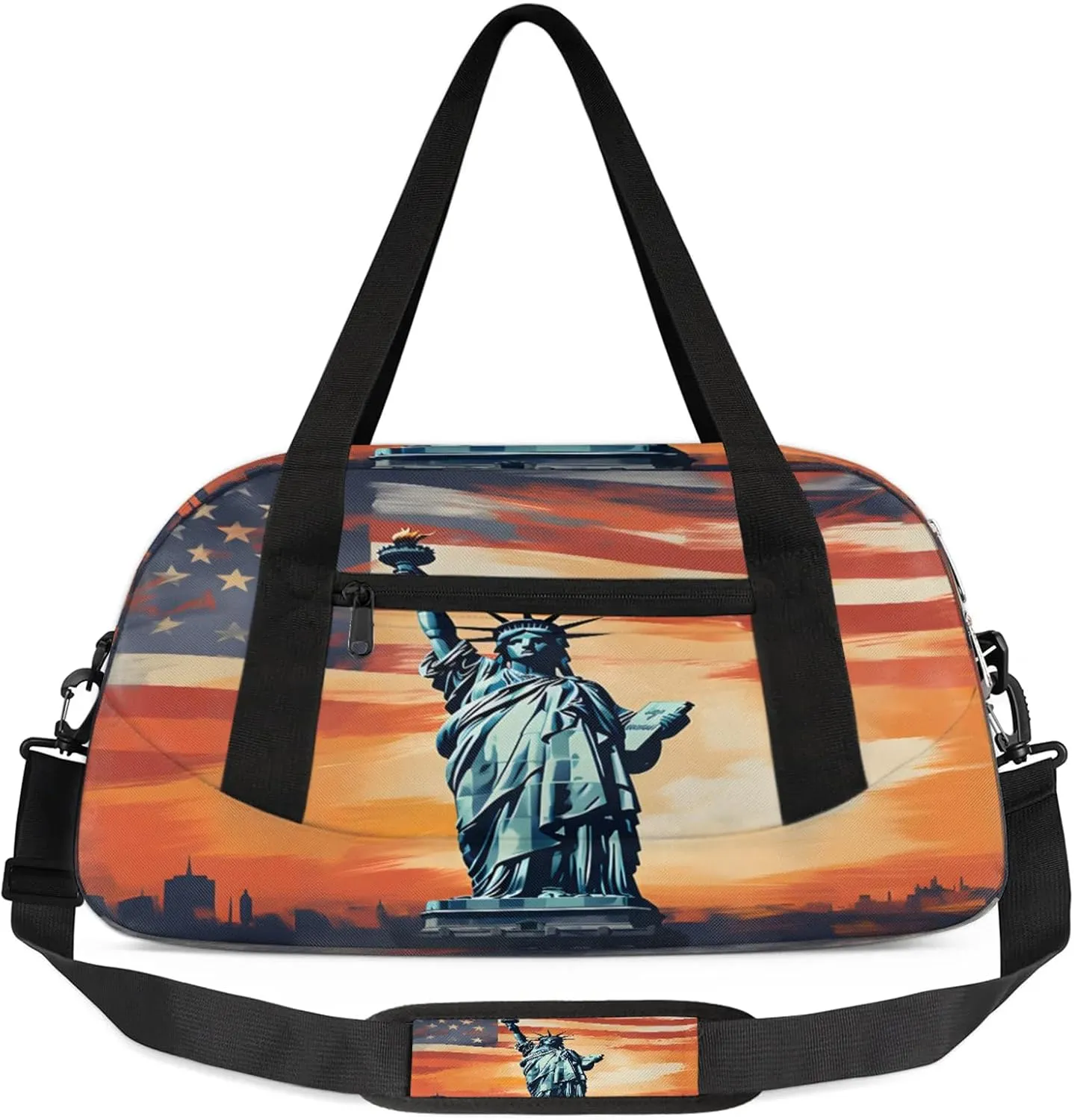 Statue Of Liberty Flag Usa Kids Duffel Bag Lightweight Waterproof Sports Gym Bag with Front Zipper Pocket Foldable Weekender Overnight Bag for School Practice Gymnastic Ballet