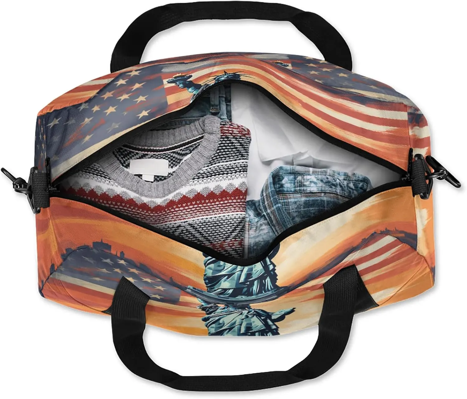 Statue Of Liberty Flag Usa Kids Duffel Bag Lightweight Waterproof Sports Gym Bag with Front Zipper Pocket Foldable Weekender Overnight Bag for School Practice Gymnastic Ballet