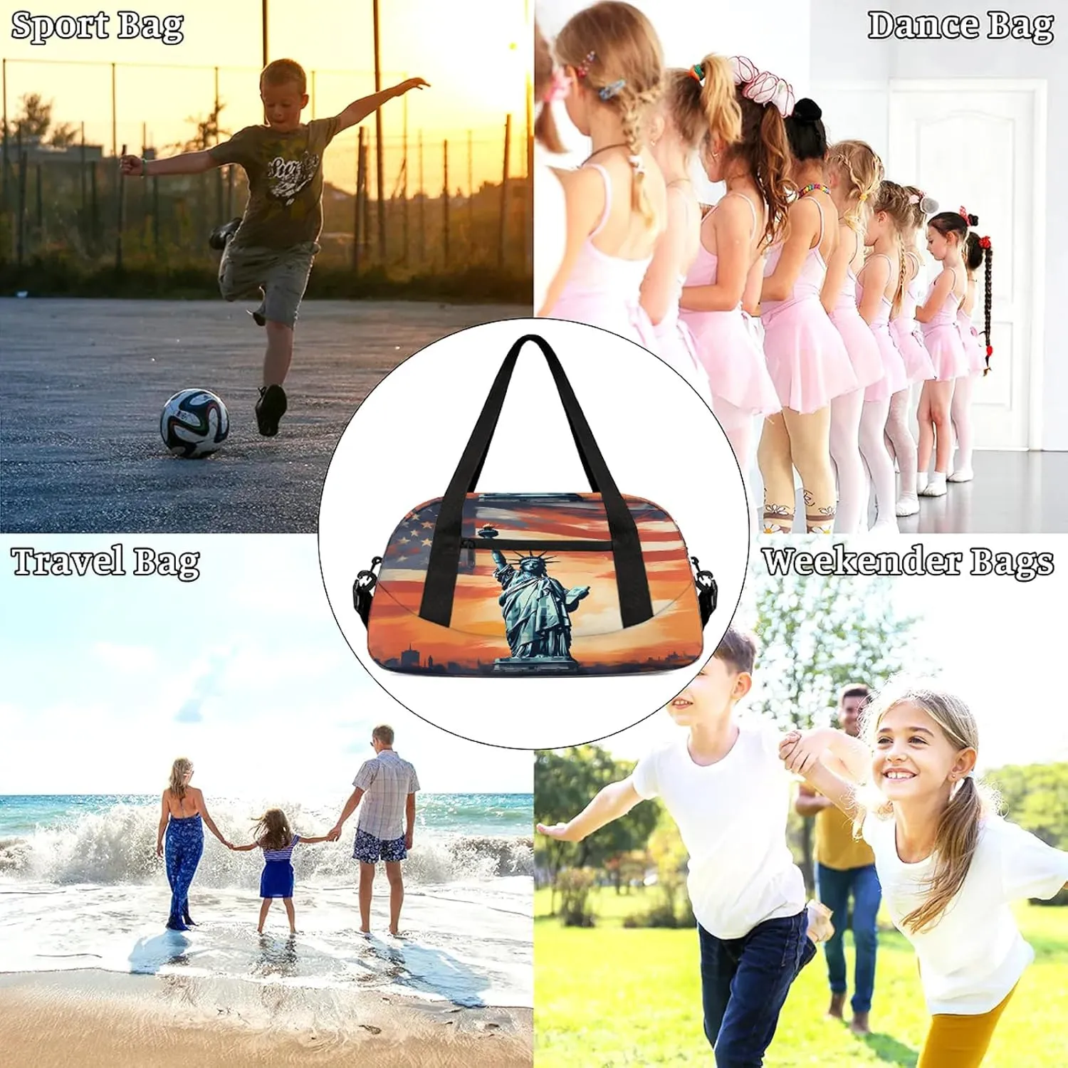 Statue Of Liberty Flag Usa Kids Duffel Bag Lightweight Waterproof Sports Gym Bag with Front Zipper Pocket Foldable Weekender Overnight Bag for School Practice Gymnastic Ballet