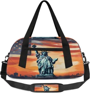 Statue Of Liberty Flag Usa Kids Duffel Bag Lightweight Waterproof Sports Gym Bag with Front Zipper Pocket Foldable Weekender Overnight Bag for School Practice Gymnastic Ballet