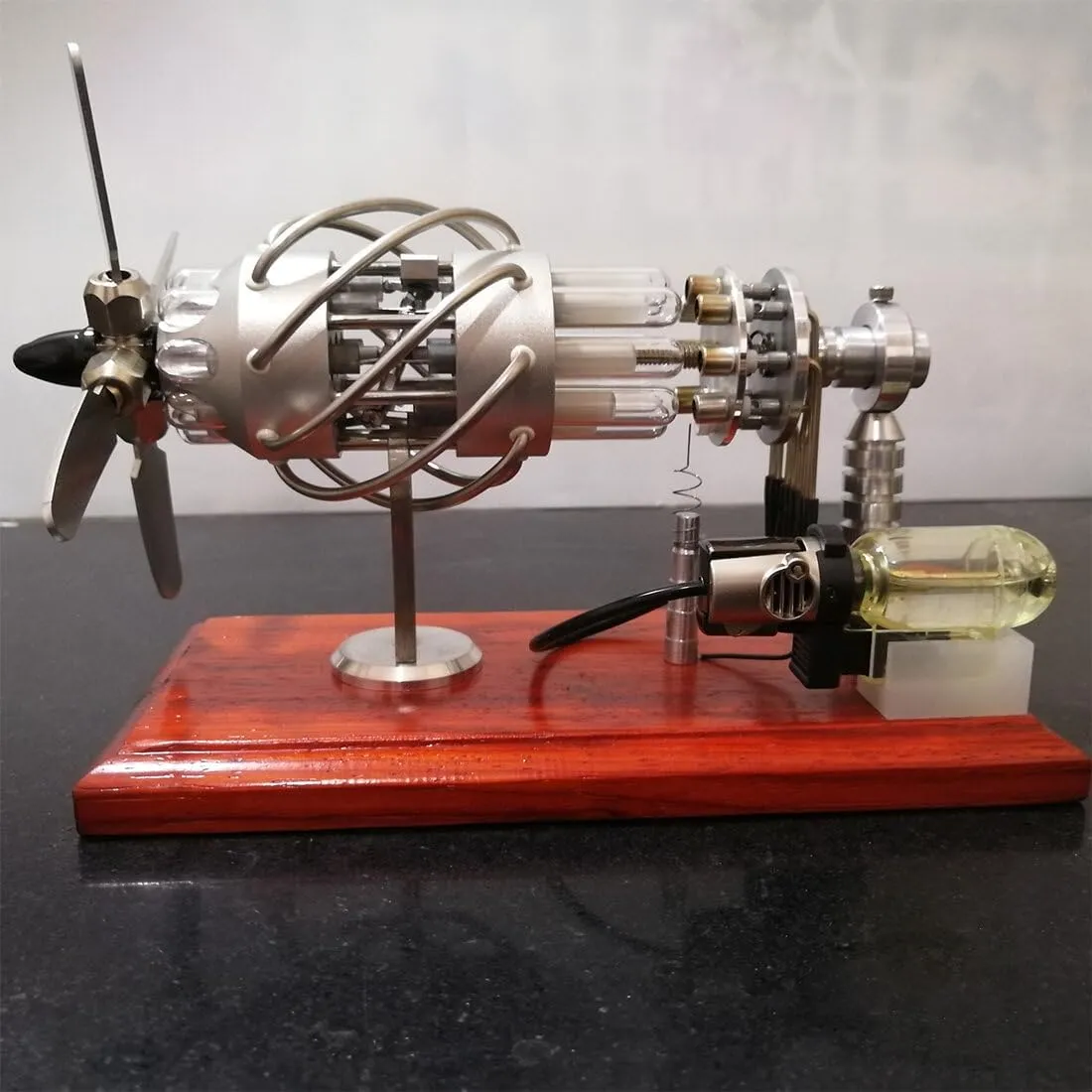 Stirling Engine Model Kit, Butane-Powered 16-Cylinder Swash Plate Hot Air Stirling Engine with Quartz Glass Cylinders & Metal Propeller for Physical Experiments Demonstration