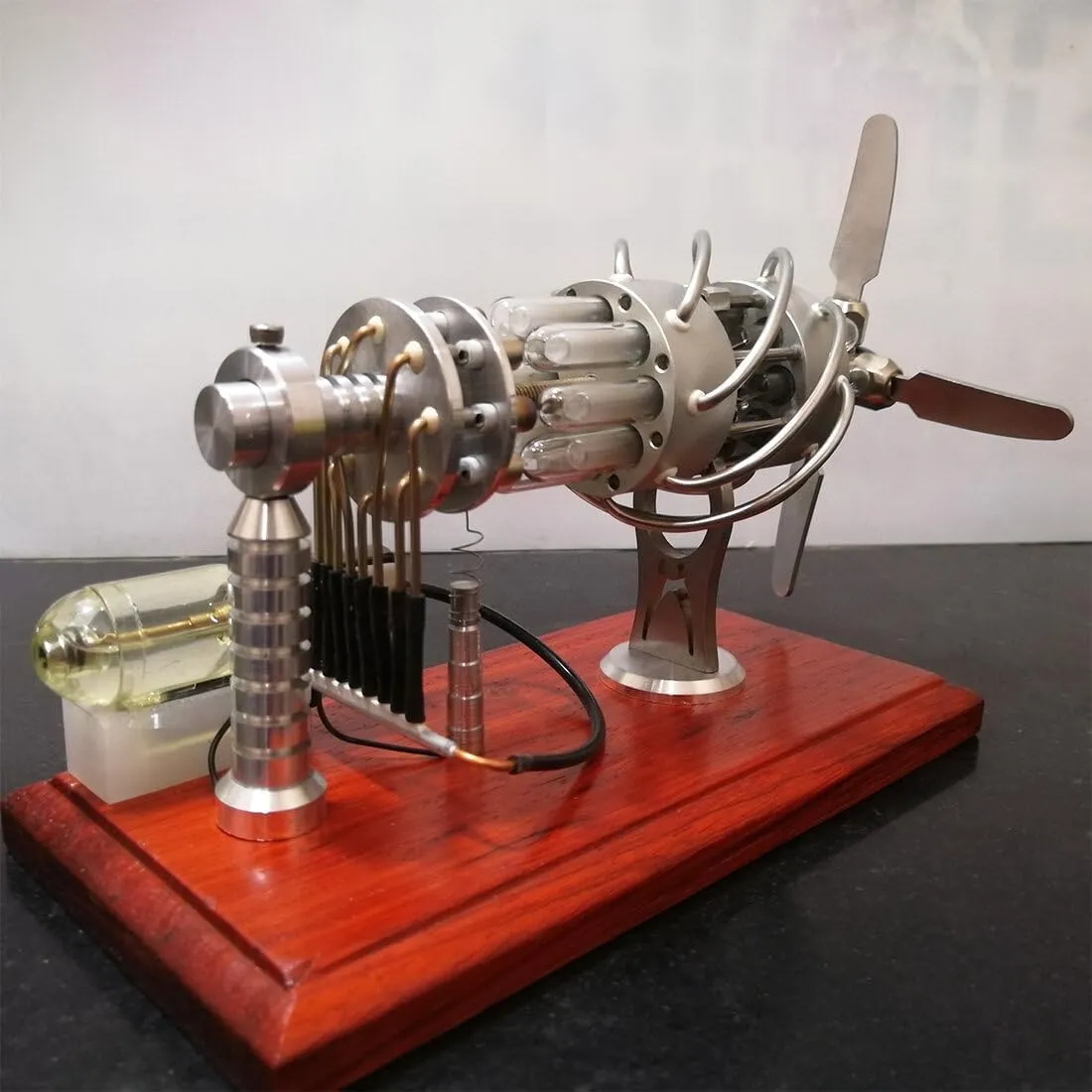 Stirling Engine Model Kit, Butane-Powered 16-Cylinder Swash Plate Hot Air Stirling Engine with Quartz Glass Cylinders & Metal Propeller for Physical Experiments Demonstration