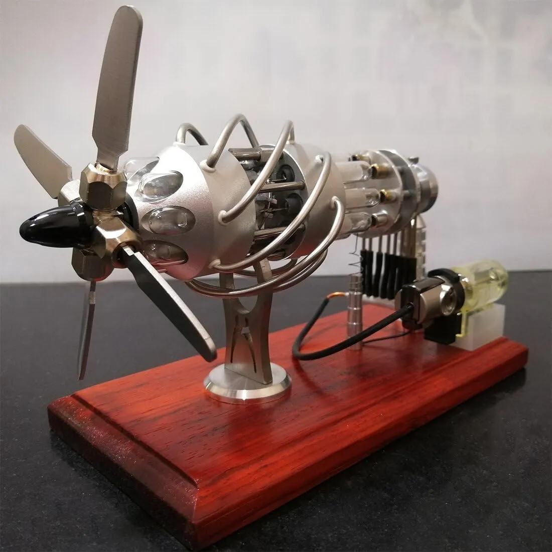 Stirling Engine Model Kit, Butane-Powered 16-Cylinder Swash Plate Hot Air Stirling Engine with Quartz Glass Cylinders & Metal Propeller for Physical Experiments Demonstration