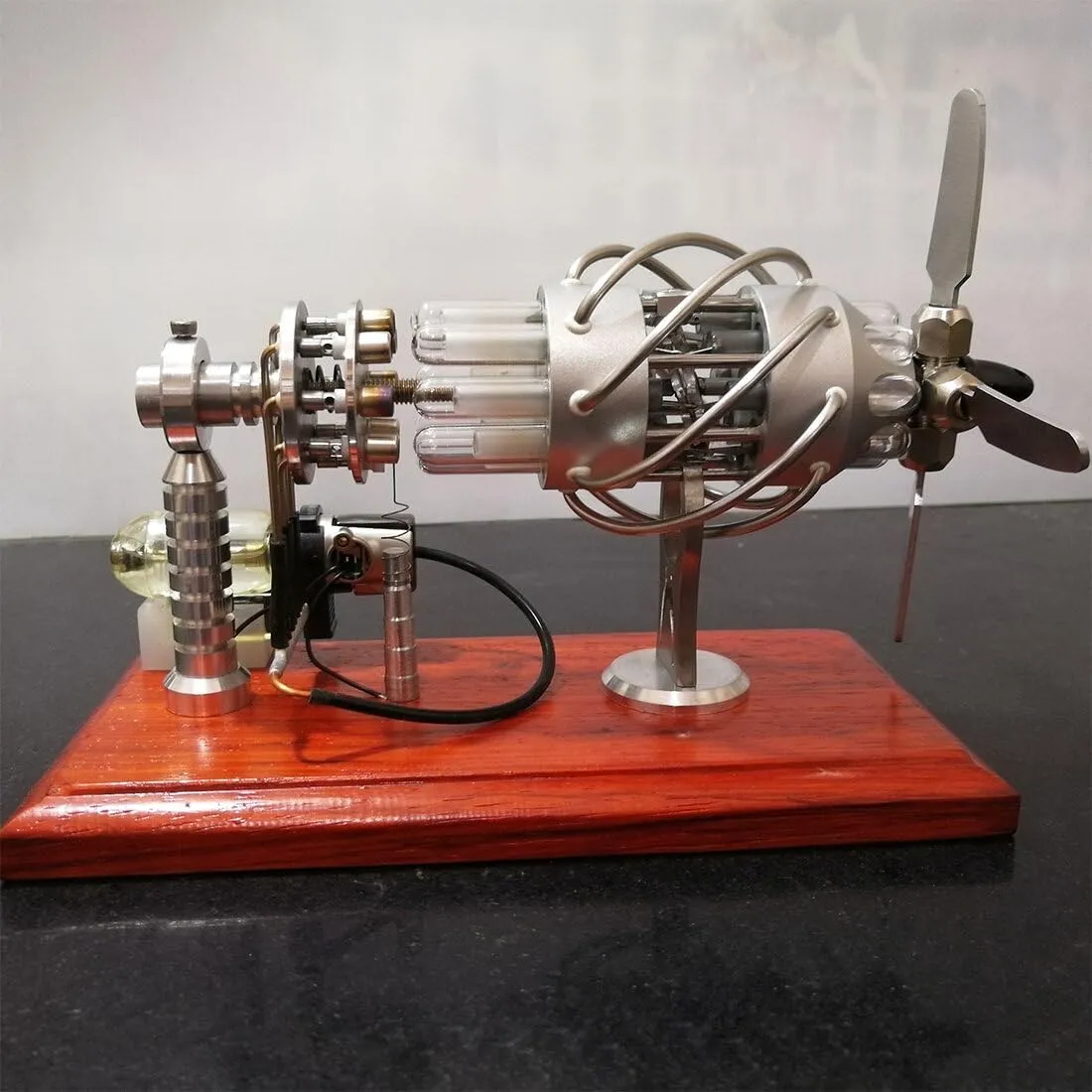 Stirling Engine Model Kit, Butane-Powered 16-Cylinder Swash Plate Hot Air Stirling Engine with Quartz Glass Cylinders & Metal Propeller for Physical Experiments Demonstration