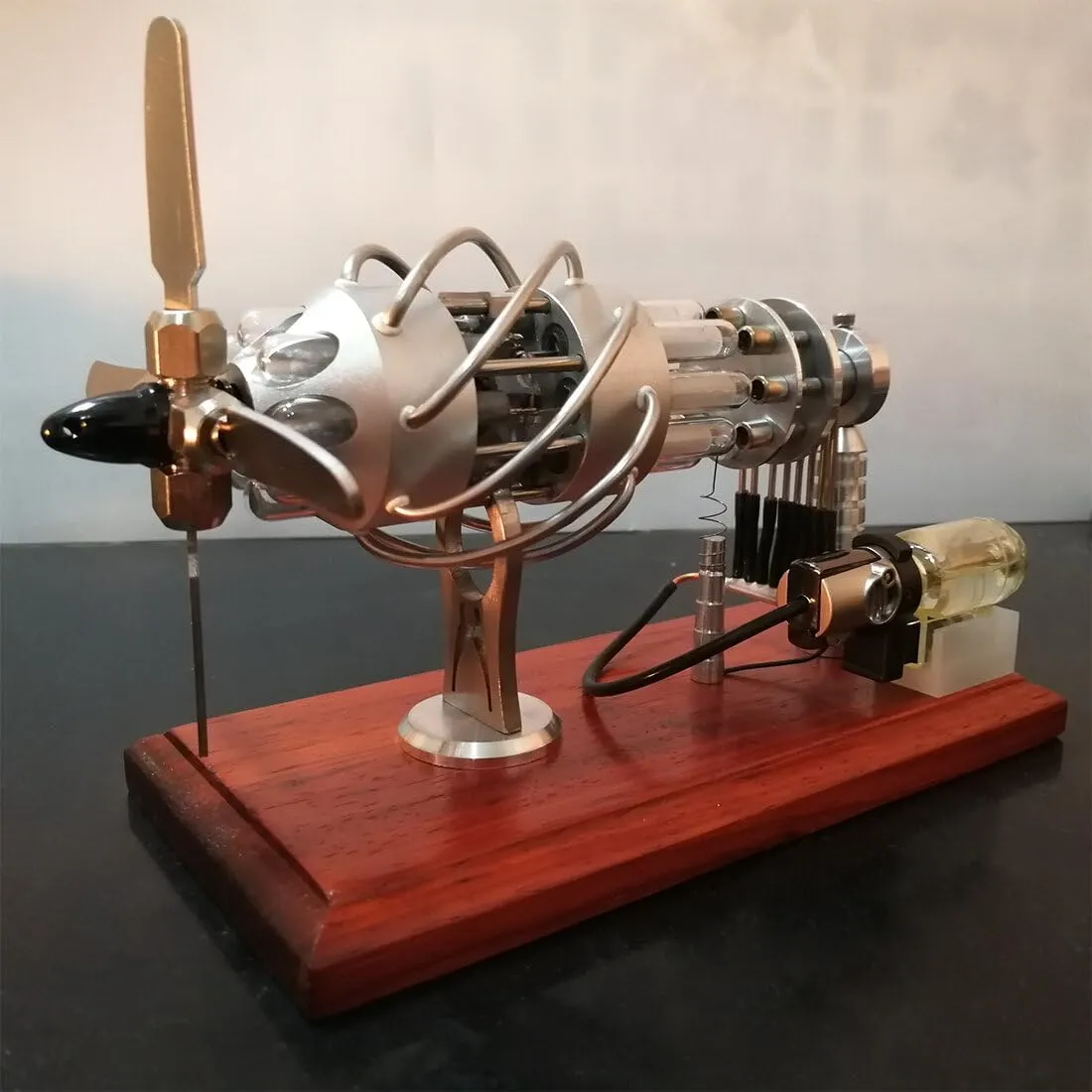 Stirling Engine Model Kit, Butane-Powered 16-Cylinder Swash Plate Hot Air Stirling Engine with Quartz Glass Cylinders & Metal Propeller for Physical Experiments Demonstration