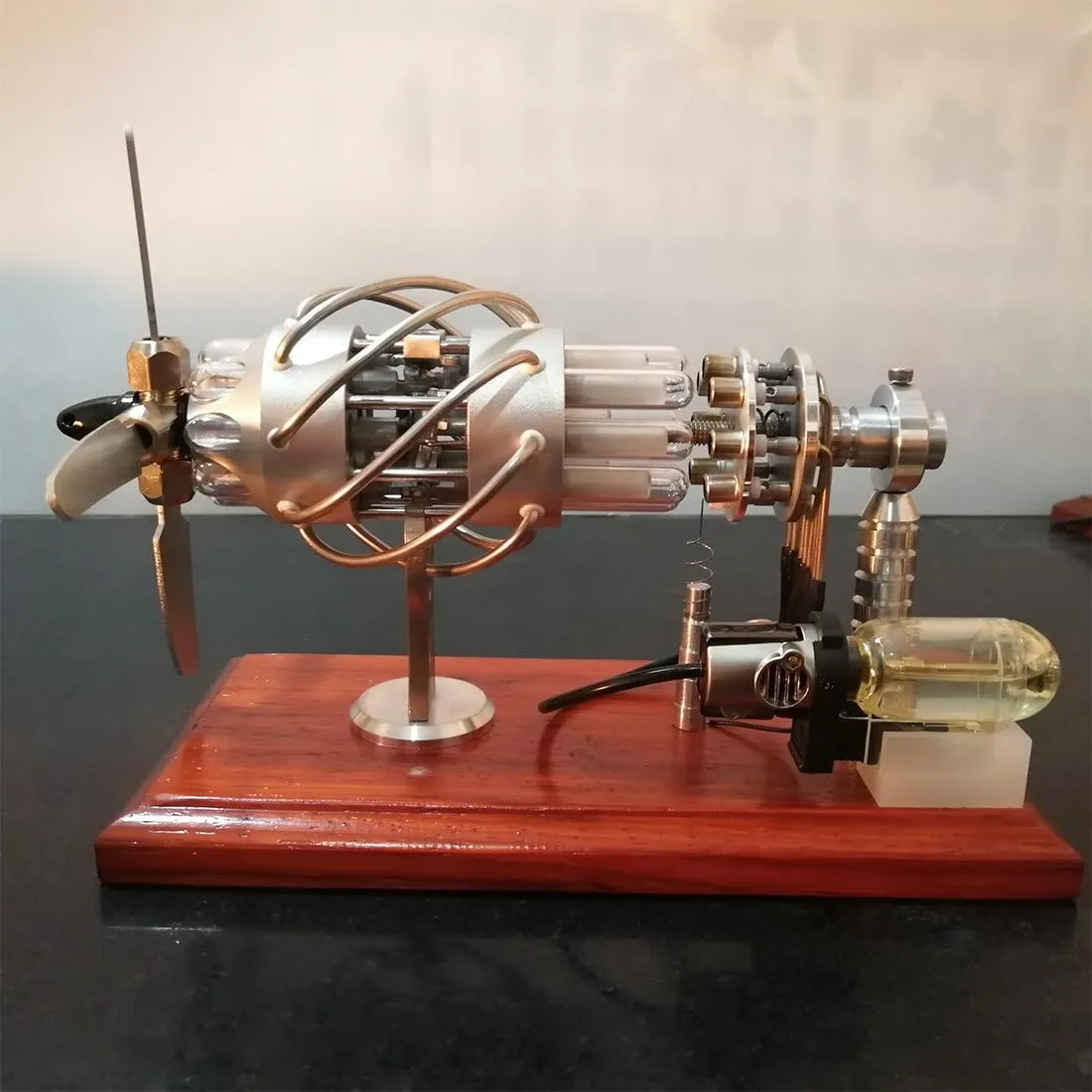 Stirling Engine Model Kit, Butane-Powered 16-Cylinder Swash Plate Hot Air Stirling Engine with Quartz Glass Cylinders & Metal Propeller for Physical Experiments Demonstration