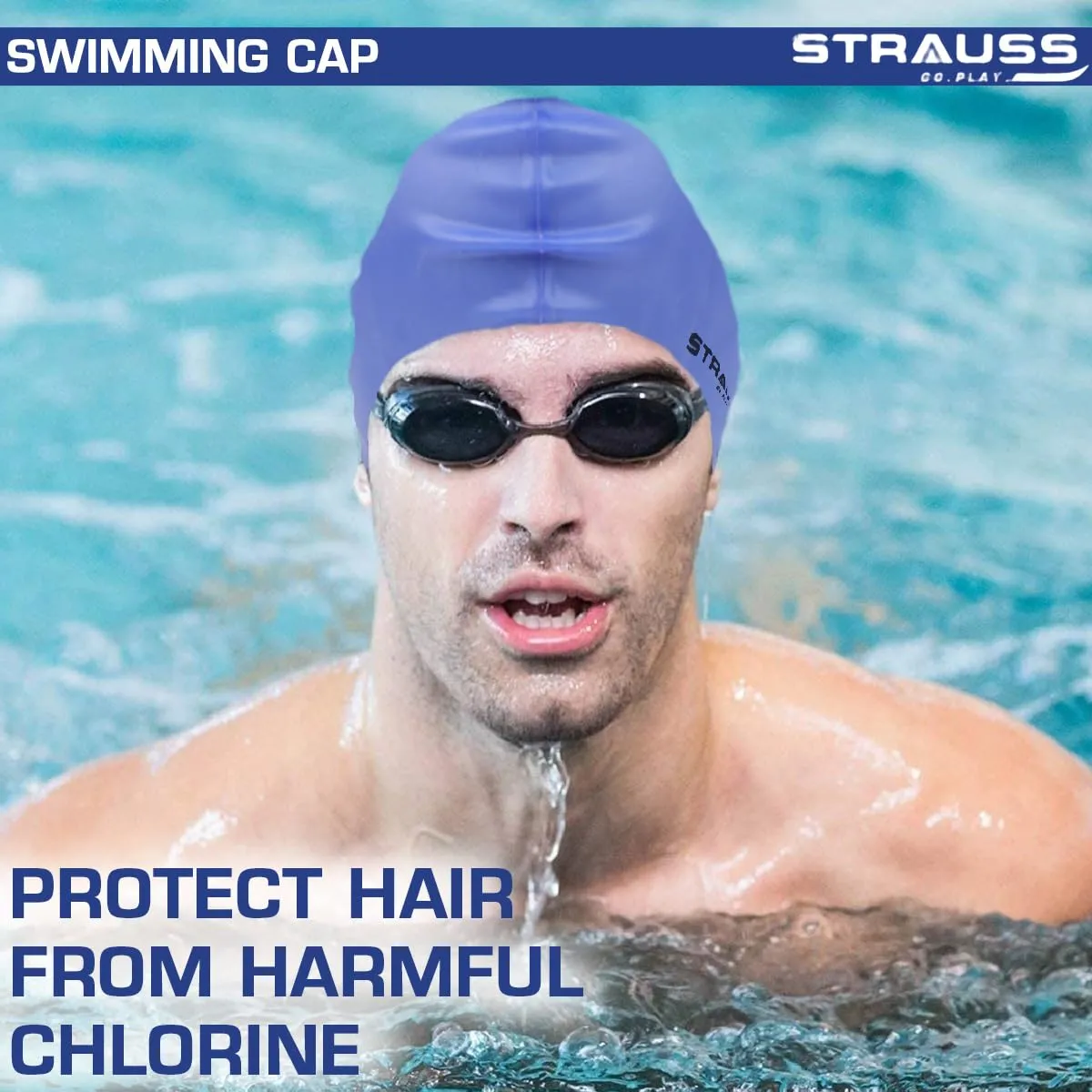 Strauss Latest Designed Swimming Cap | Keeps Hair Clean with Ear Protector | Suitable For Long and Short Hair | Swimming Head Cap With Breathable Fabric | Waterproof Swim Cap for Adult, Woman and Men ,(Blue)