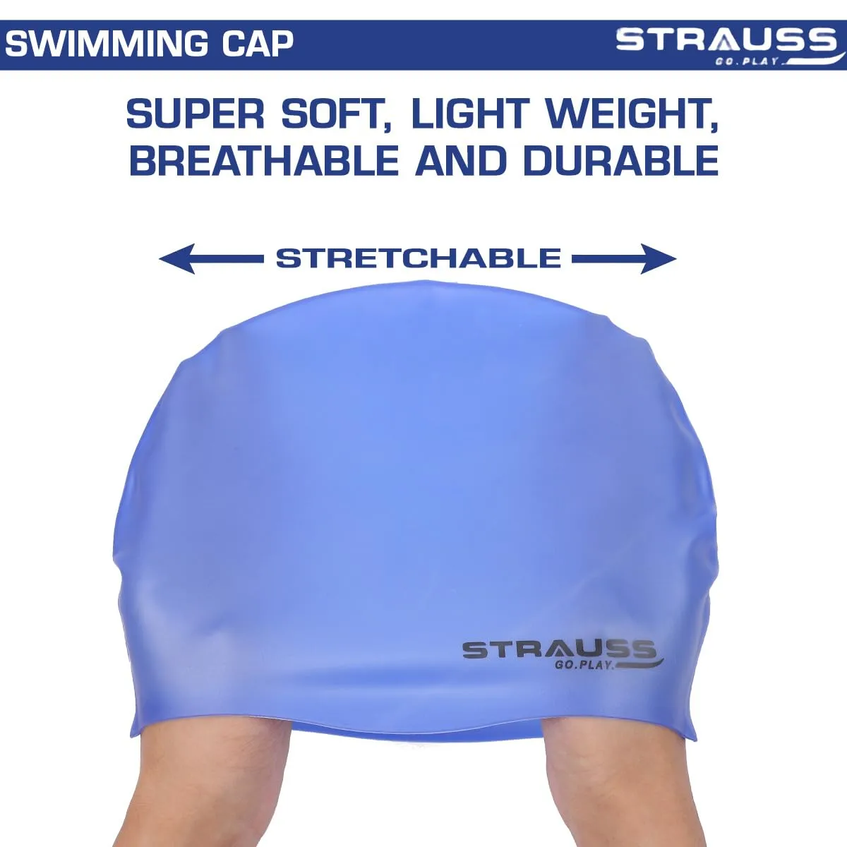 Strauss Latest Designed Swimming Cap | Keeps Hair Clean with Ear Protector | Suitable For Long and Short Hair | Swimming Head Cap With Breathable Fabric | Waterproof Swim Cap for Adult, Woman and Men ,(Blue)