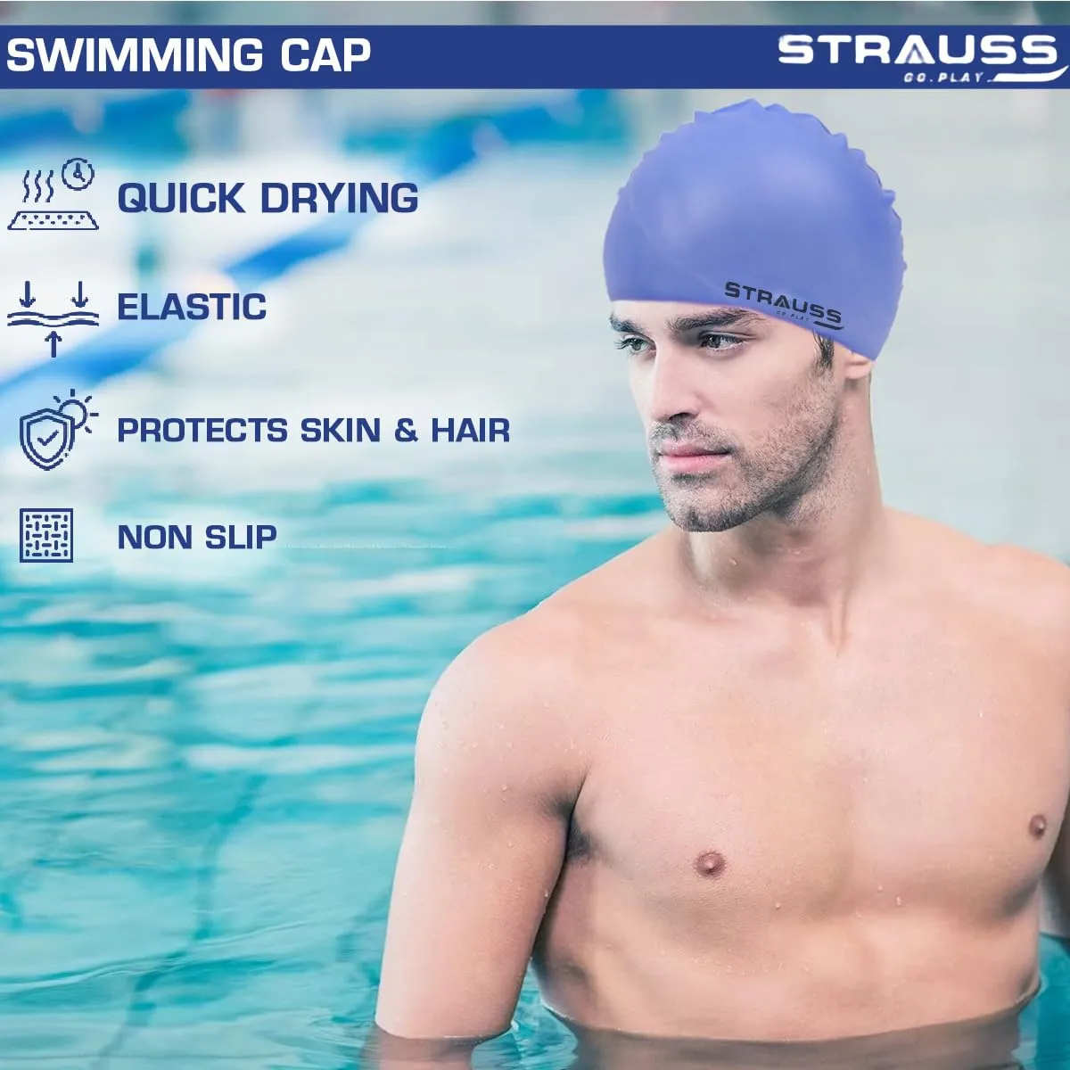 Strauss Latest Designed Swimming Cap | Keeps Hair Clean with Ear Protector | Suitable For Long and Short Hair | Swimming Head Cap With Breathable Fabric | Waterproof Swim Cap for Adult, Woman and Men ,(Blue)