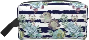 Striped Succulents Print Travel Toiletry Organizer Bag, Large Capacity Storage For Cosmetics, Toiletries