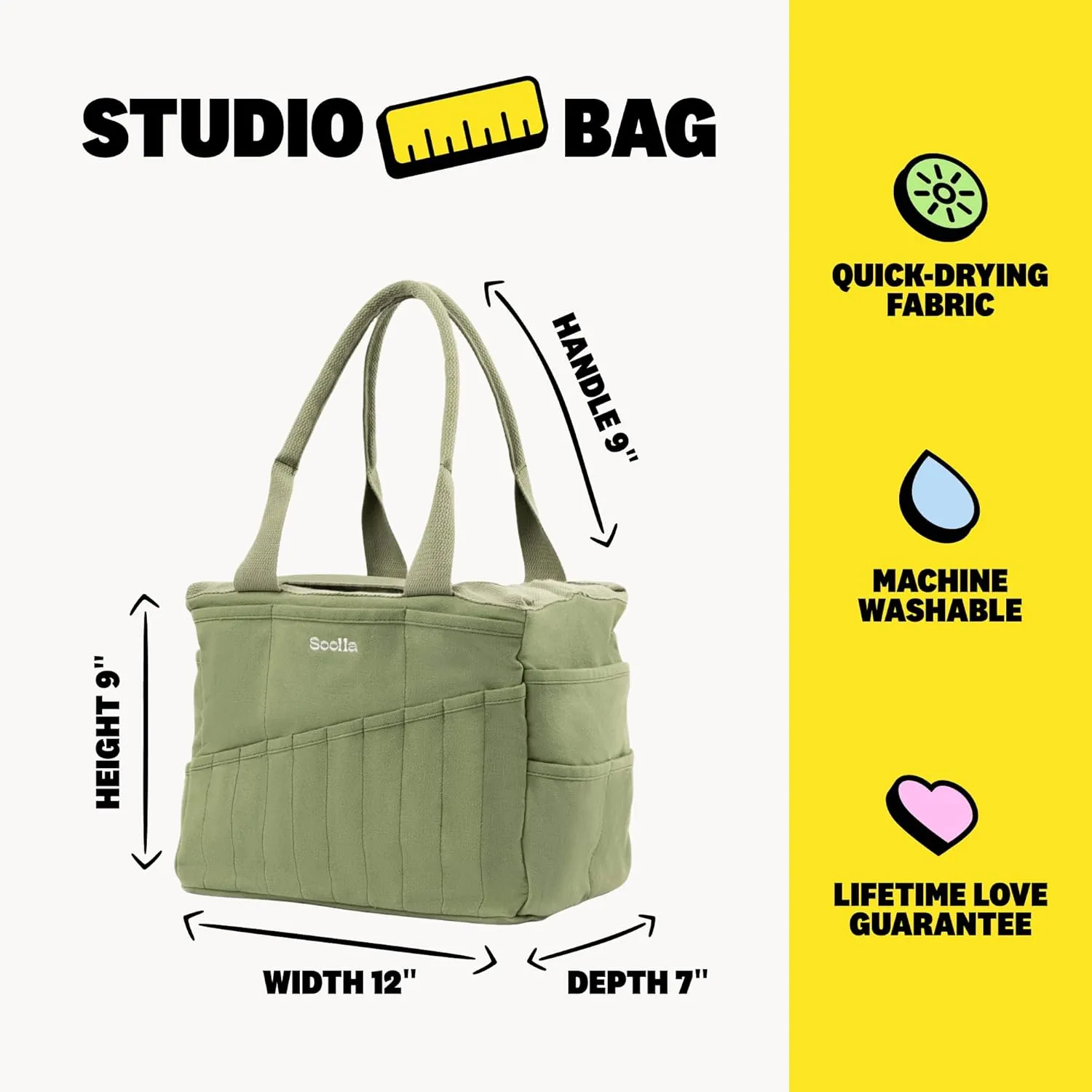 Studio Bag: Pottery Tool Bag, Art Supply Storage, Knitting Yarn Organizer, Crochet Projects, & Washable Craft Tote, 30 Pockets, 25  Canvas Colors, Student Artist Gift (Ganja Green)