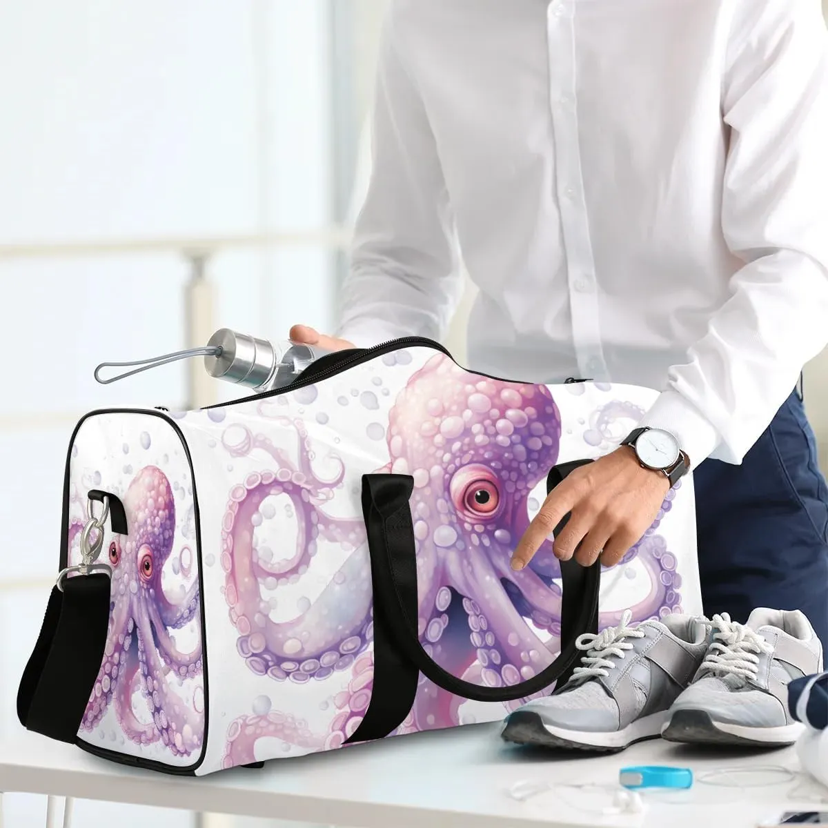 Stylish Octopus Pattern Travel Duffel Bag for Women Men Waterproof Foldable Overnight Weekender Bag Large Capacity Sports Gym Bag