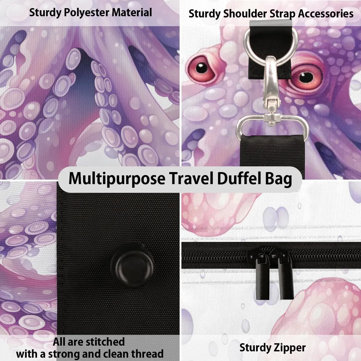 Stylish Octopus Pattern Travel Duffel Bag for Women Men Waterproof Foldable Overnight Weekender Bag Large Capacity Sports Gym Bag