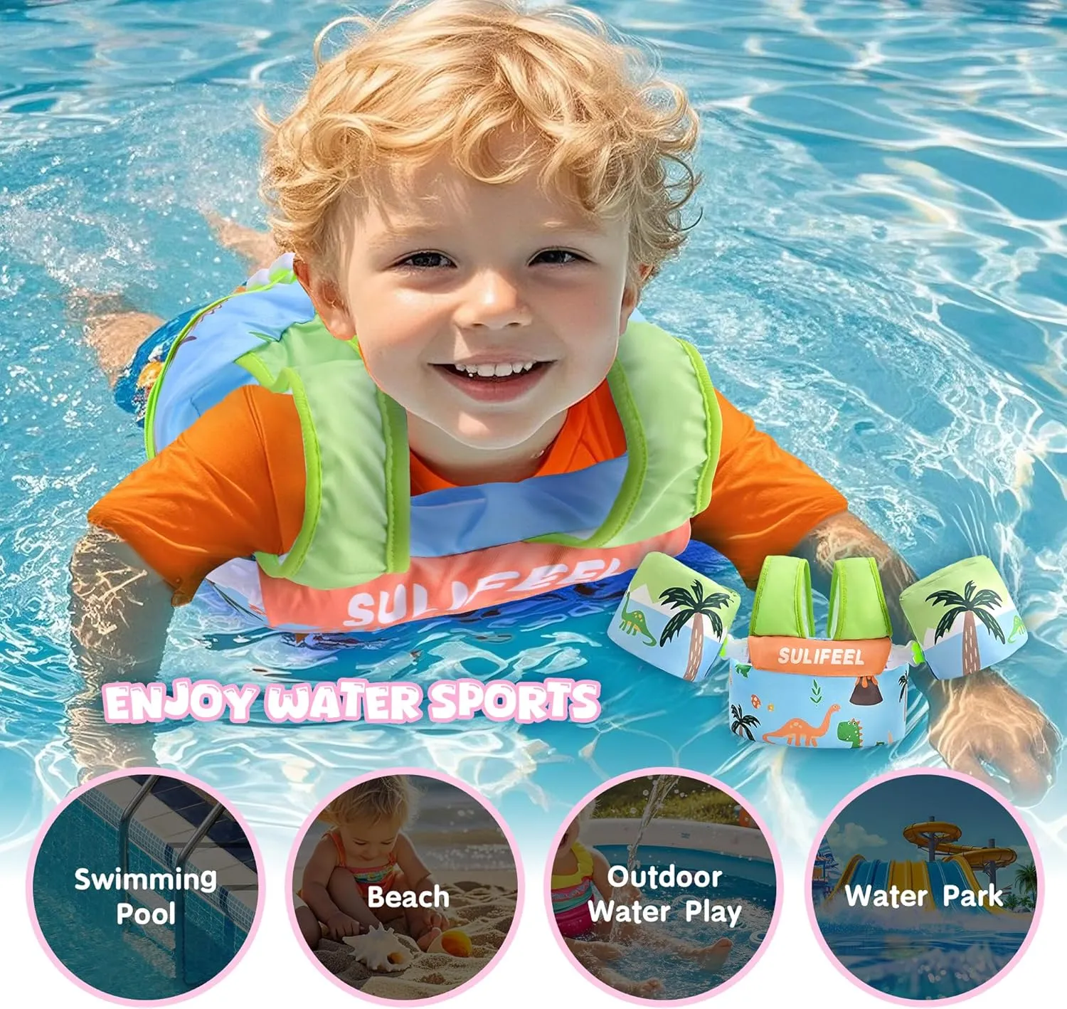 SULIFEEL Kids Swim Vest Toddler Floaties for 20-66 Pounds Girls and Boys, with Removable Arm Water Wings for Children Ages 2 3 4 5 6 Years Old