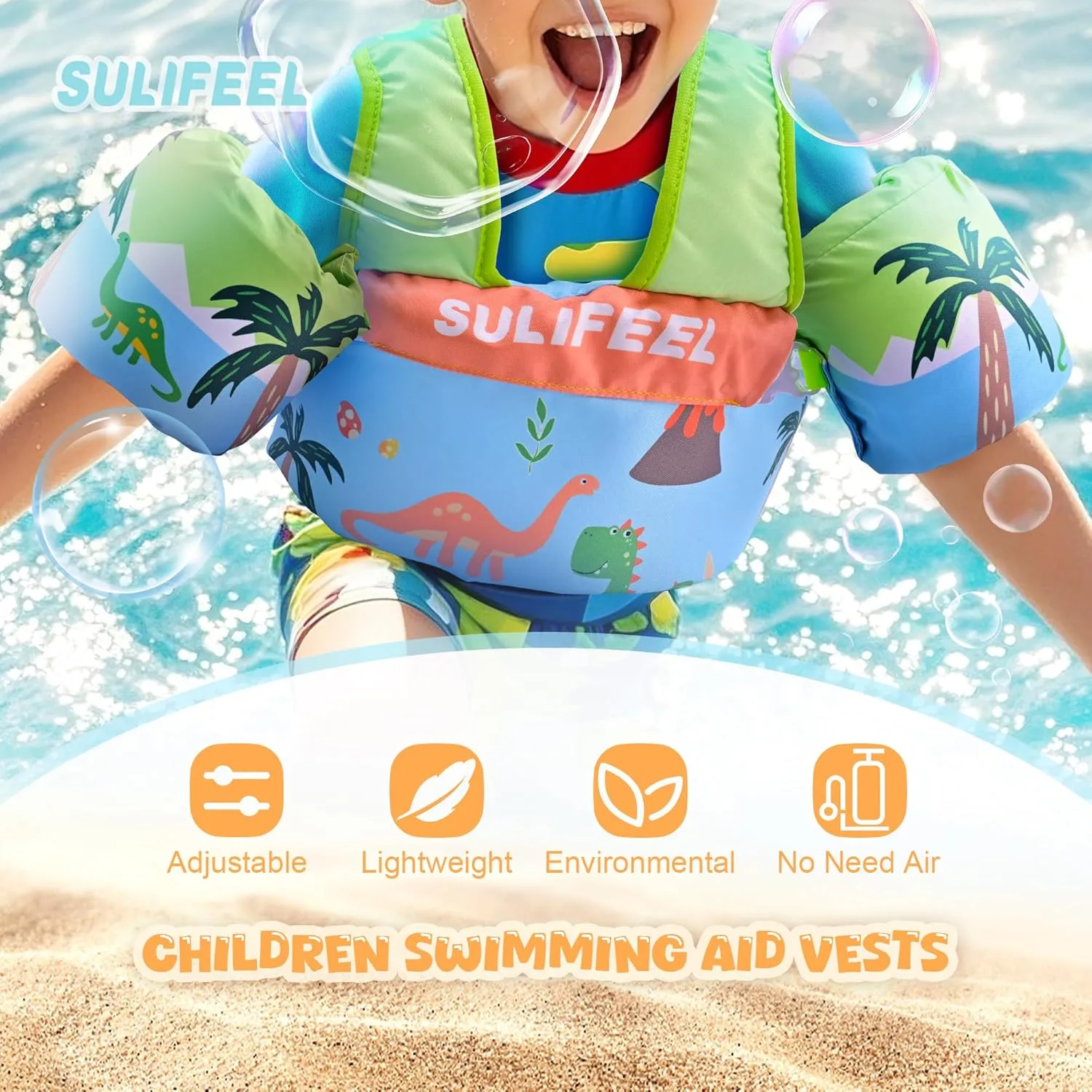 SULIFEEL Kids Swim Vest Toddler Floaties for 20-66 Pounds Girls and Boys, with Removable Arm Water Wings for Children Ages 2 3 4 5 6 Years Old