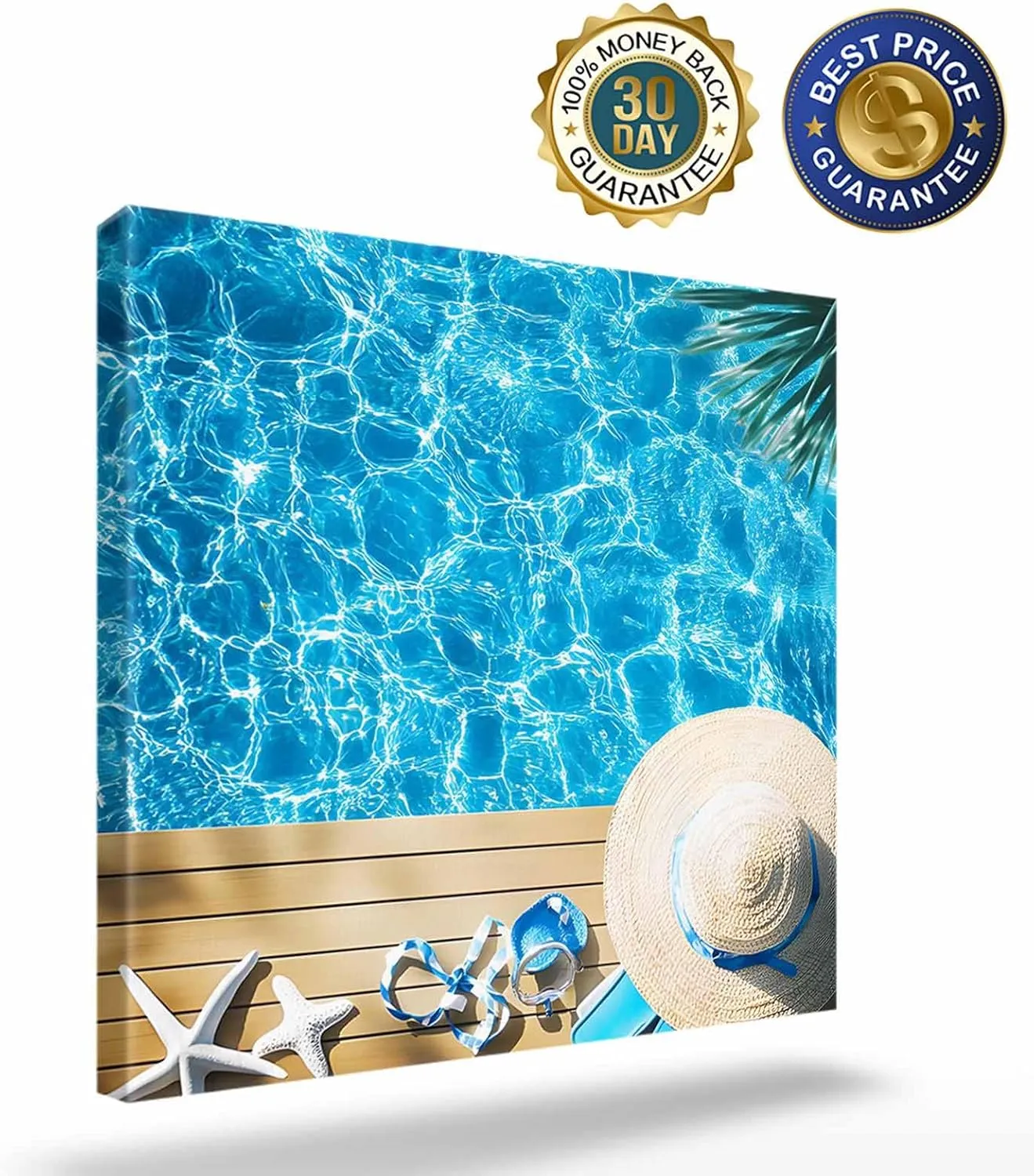 Summer Pool Canvas Wall Art Framed Art Prints Abstract Straw Hat Slippers Tropical Plants Home Decor Living Room Office Wall Decor Ready to Hang Canvas Prints Artwork, 12x12 Inch