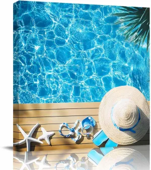 Summer Pool Canvas Wall Art Framed Art Prints Abstract Straw Hat Slippers Tropical Plants Home Decor Living Room Office Wall Decor Ready to Hang Canvas Prints Artwork, 12x12 Inch